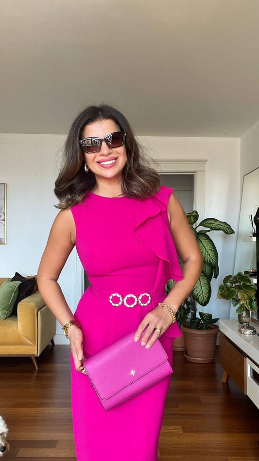 MIDI DRESS WITH PEARL BUCKLE & PEPLUM DETAIL - FUCHSIA