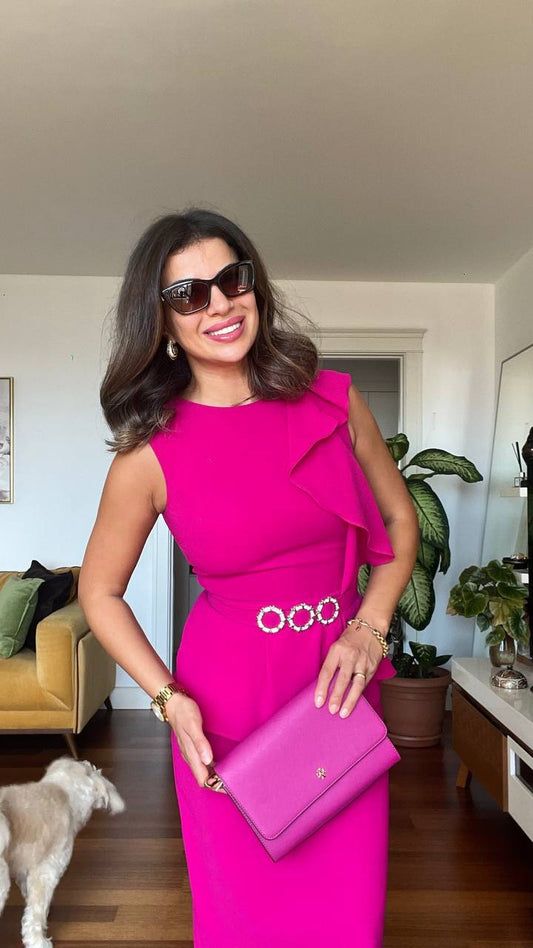 MIDI DRESS WITH PEARL BUCKLE & PEPLUM DETAIL - FUCHSIA