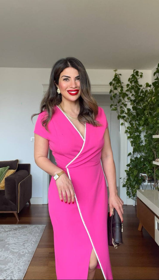 PEARL-TRIMMED WRAP-STYLE DRESS – FUCHSIA