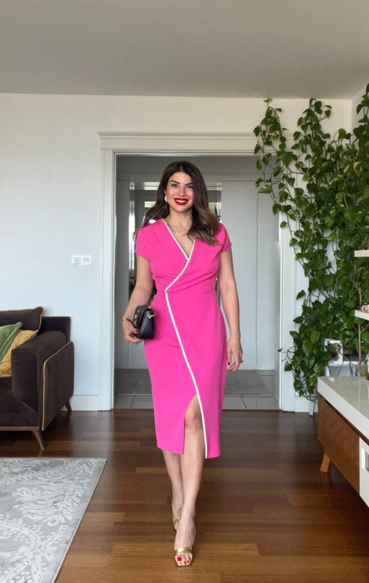 PEARL-TRIMMED WRAP-STYLE DRESS – FUCHSIA