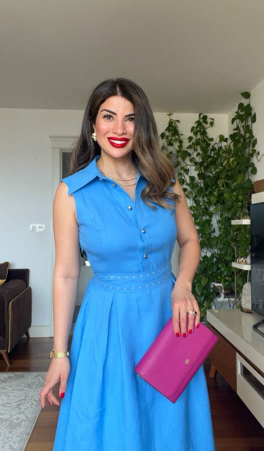 PEARL-DETAILED MIDI LINEN DRESS – BLUE