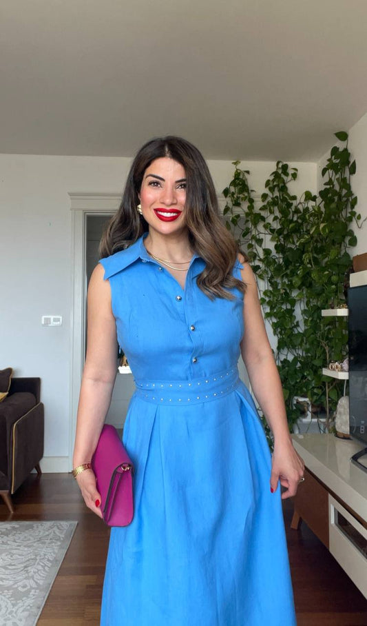 PEARL-DETAILED MIDI LINEN DRESS – BLUE