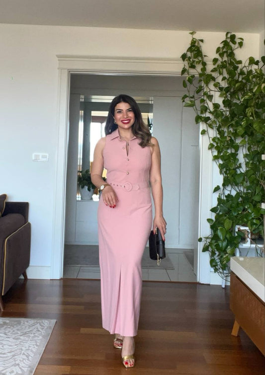 BROOCH DETAIL V-NECK MIDI DRESS – POWDER