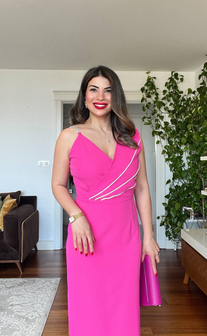 STONE-STRAP DRAPED MIDI PENCIL DRESS – FUCHSIA
