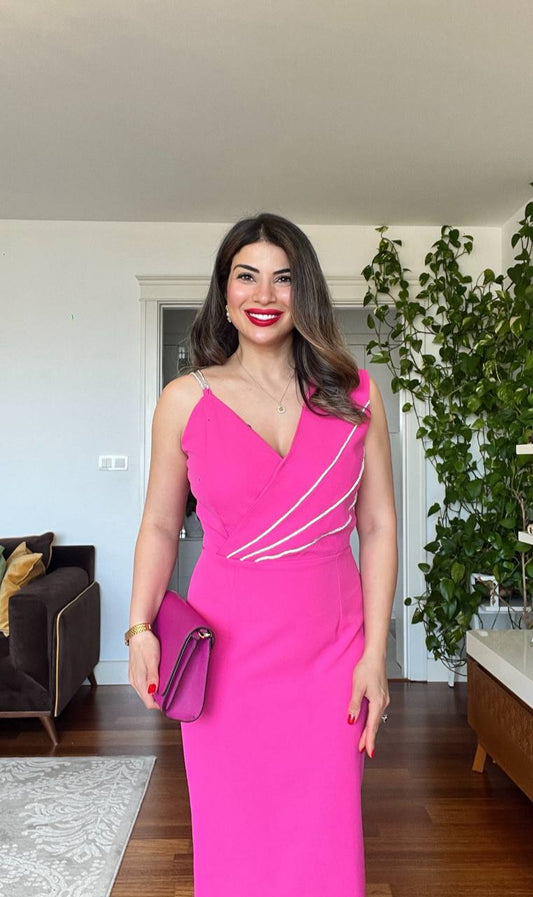 STONE-STRAP DRAPED MIDI PENCIL DRESS – FUCHSIA