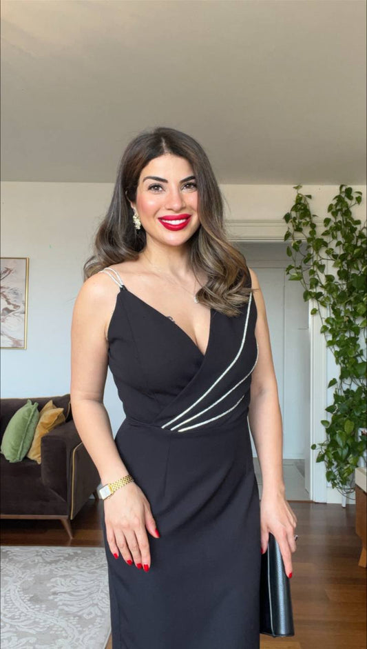 STONE-STRAP DRAPED MIDI PENCIL DRESS – BLACK