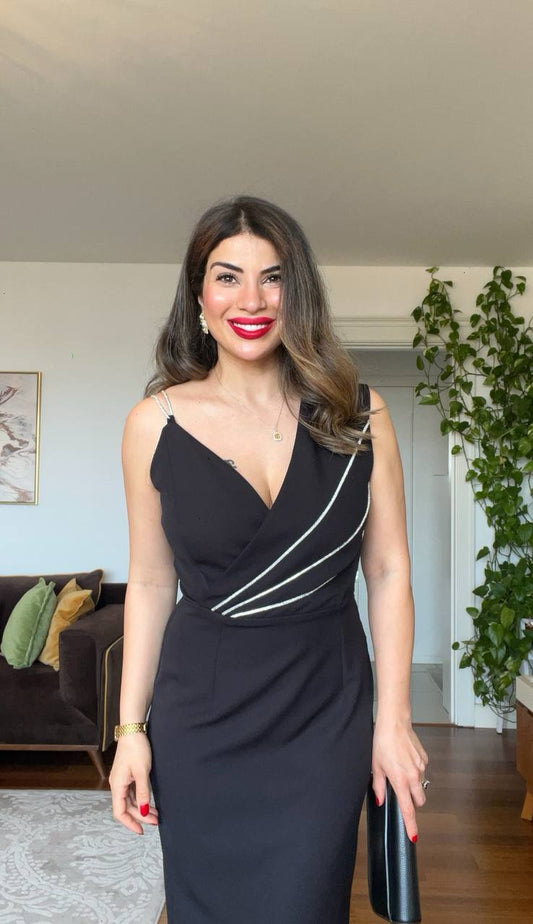 STONE-STRAP DRAPED MIDI PENCIL DRESS – BLACK