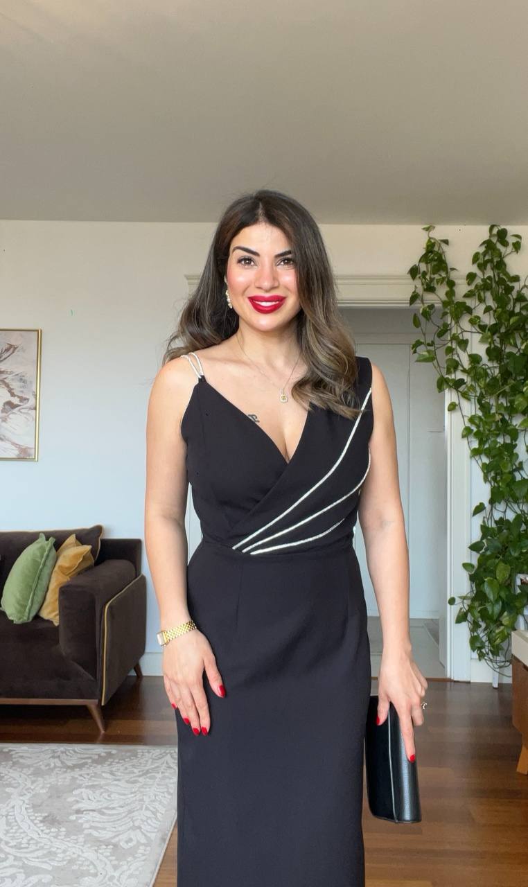 STONE-STRAP DRAPED MIDI PENCIL DRESS – BLACK