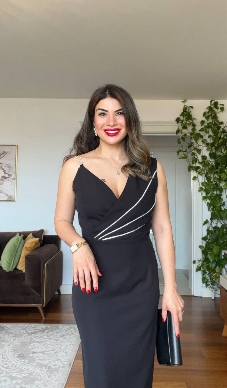 STONE-STRAP DRAPED MIDI PENCIL DRESS – BLACK