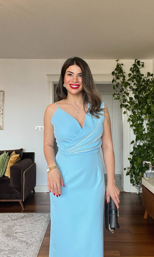 STONE-STRAP DRAPED MIDI PENCIL DRESS – BABY BLUE