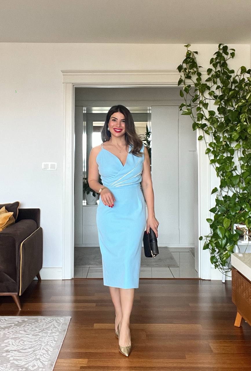 STONE-STRAP DRAPED MIDI PENCIL DRESS – BABY BLUE