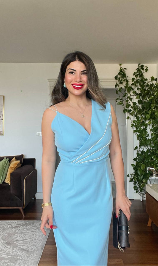 STONE-STRAP DRAPED MIDI PENCIL DRESS – BABY BLUE