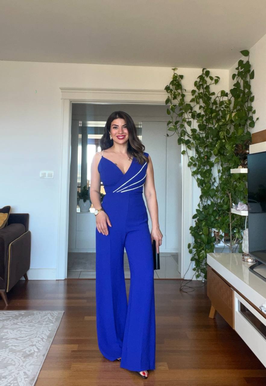 STONE STRAP DETAILED ELEGANT JUMPSUIT – COBALT BLUE