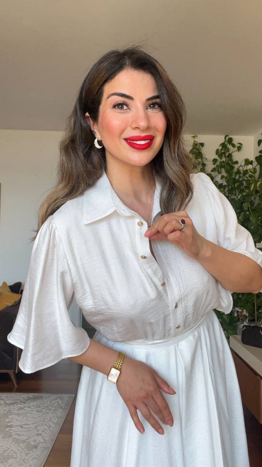 BUTTON-DOWN BELTED SHIRT DRESS – WHITE