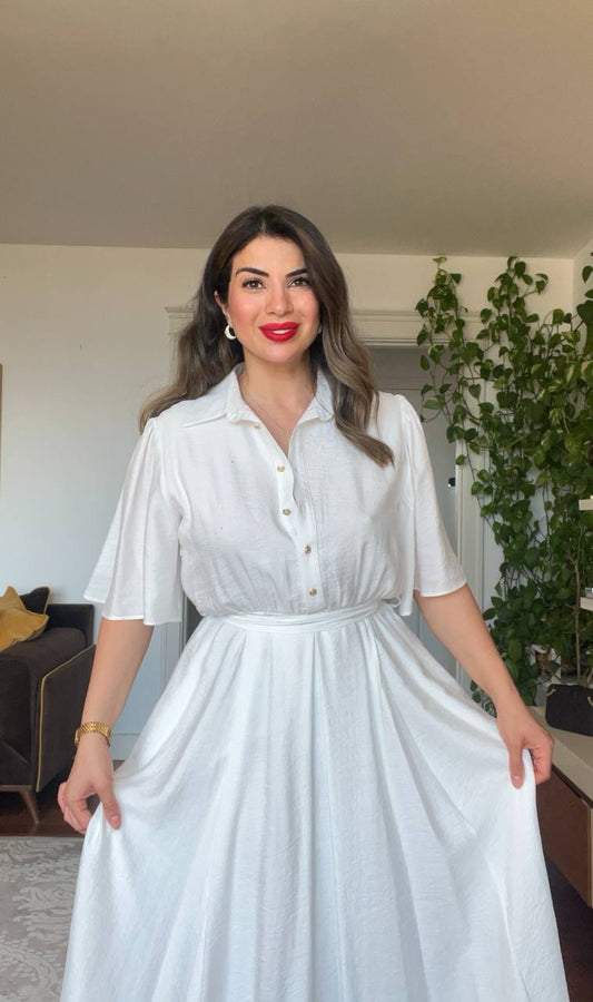 BUTTON-DOWN BELTED SHIRT DRESS – WHITE