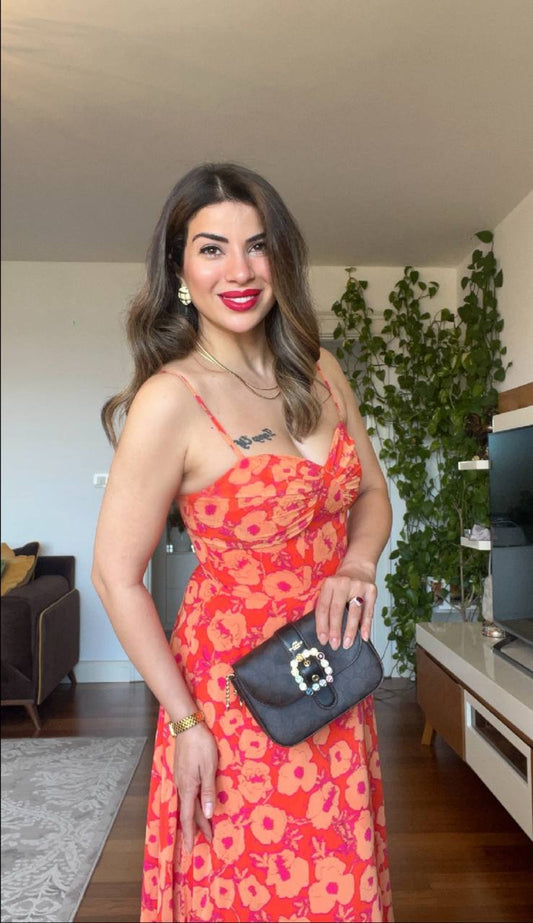 FLORAL PATTERNED STRAP DRESS - ORANGE