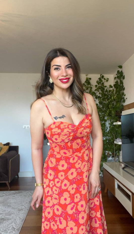 FLORAL PATTERNED STRAP DRESS - ORANGE