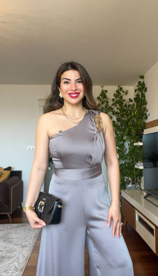 ONE-SHOULDER SATIN JUMPSUIT – MİNK