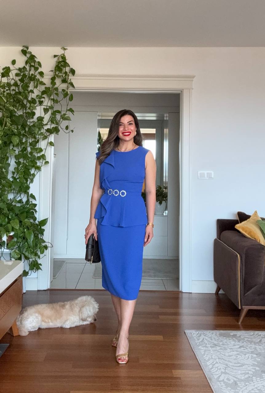 MIDI DRESS WITH PEARL BUCKLE & PEPLUM DETAIL - SAX BLUE
