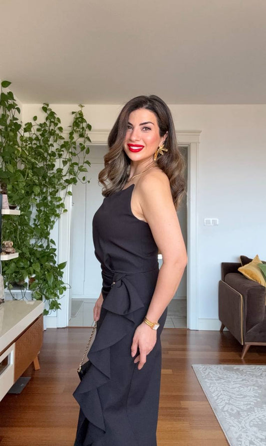 ASYMMETRIC ONE-SHOULDER BOW DETAIL DRESS – BLACK