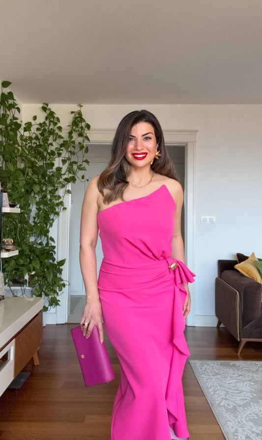 ASYMMETRIC ONE-SHOULDER BOW DETAIL DRESS – FUCHSIA