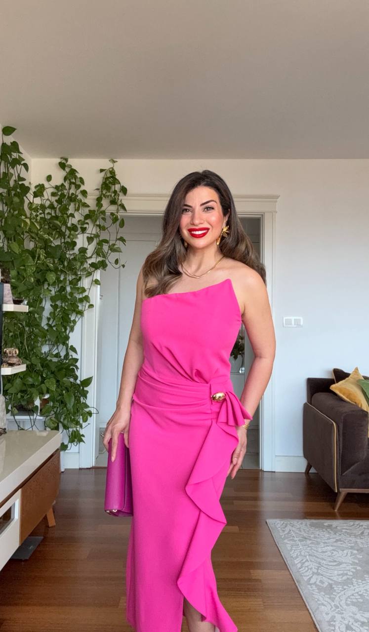 ASYMMETRIC ONE-SHOULDER BOW DETAIL DRESS – FUCHSIA