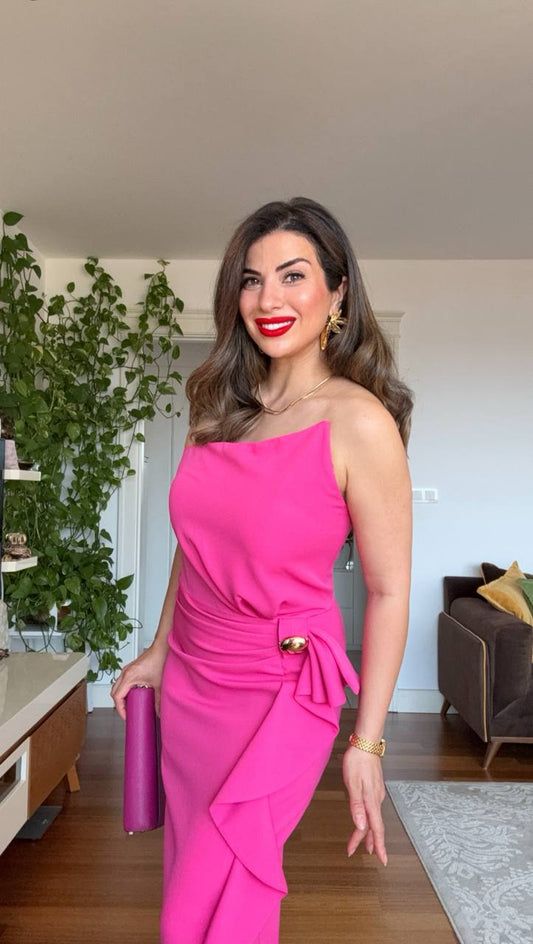 ASYMMETRIC ONE-SHOULDER BOW DETAIL DRESS – FUCHSIA