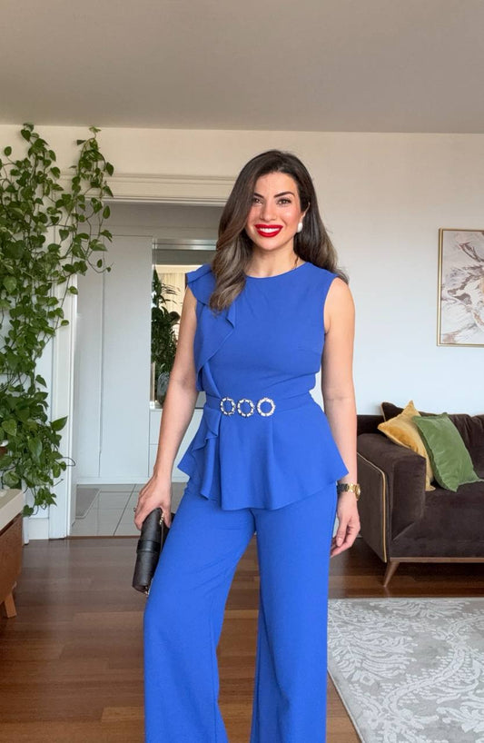 SET WITH RHINESTONE BELT AND RUFFLE DETAIL – SAX BLUE