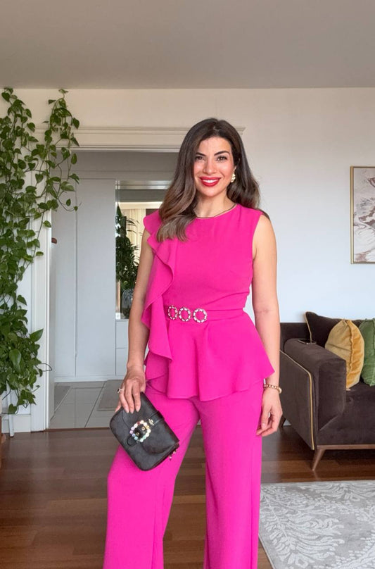 SET WITH RHINESTONE BELT AND RUFFLE DETAIL – FUCHSIA