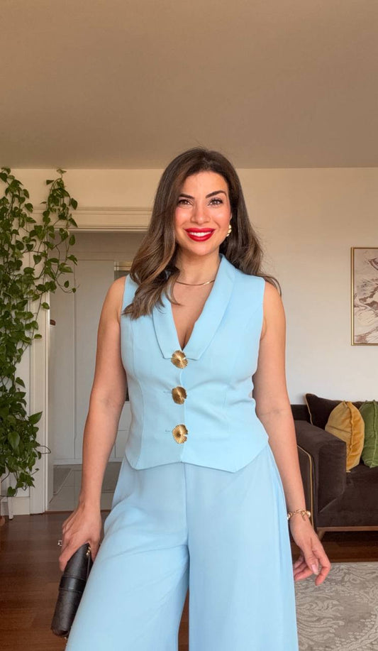 GOLD BUTTON DETAIL WIDE-LEG SUIT - BABY BLUE