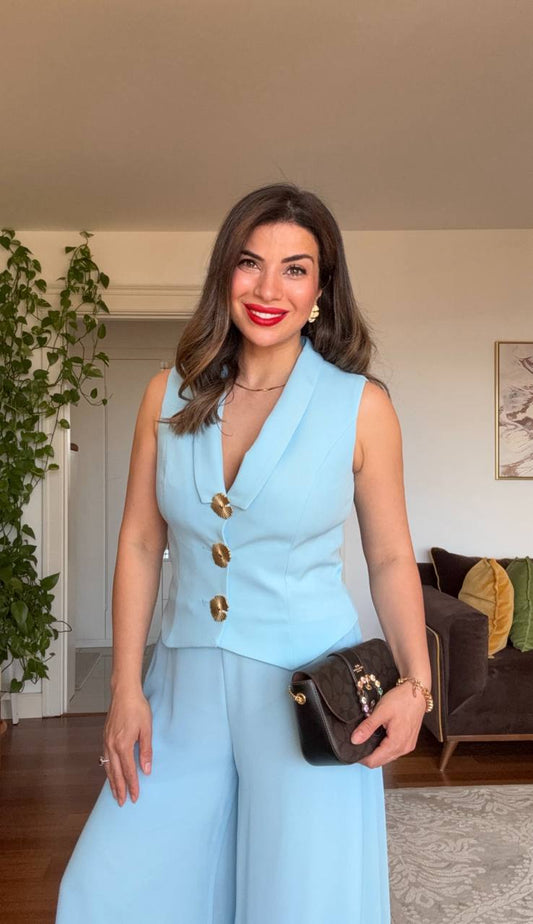 GOLD BUTTON DETAIL WIDE-LEG SUIT - BABY BLUE