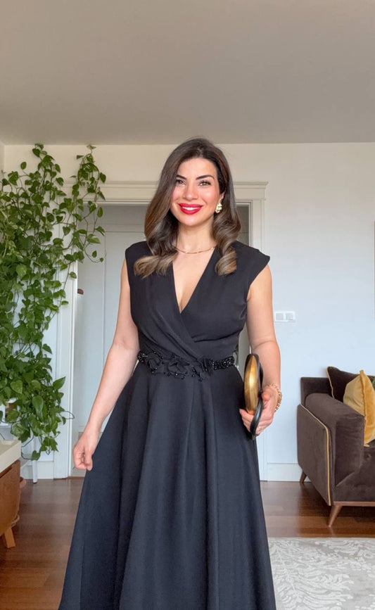 WRAP V-NECK MIDI DRESS WITH FLORAL EMBELLISHMENTS - BLACK