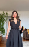 WRAP V-NECK MIDI DRESS WITH FLORAL EMBELLISHMENTS - BLACK