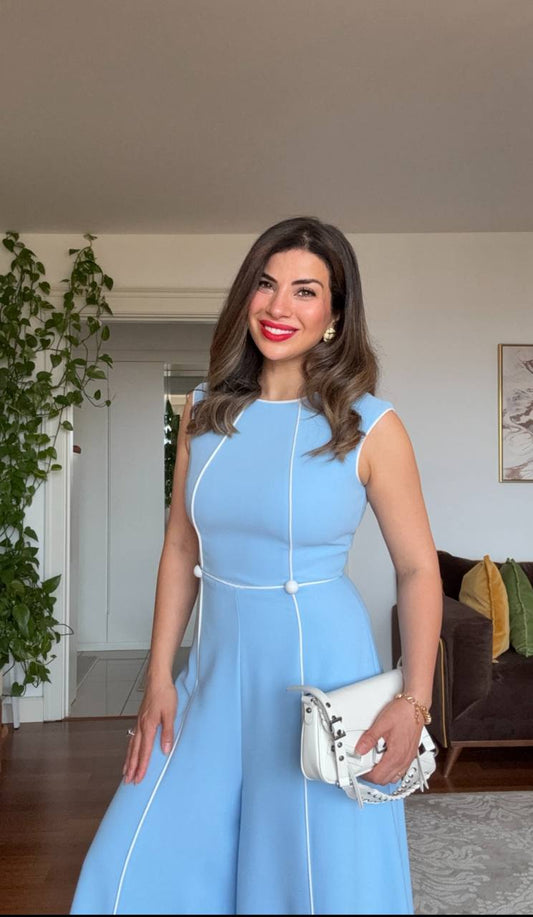 SLEEVELESS JUMPSUIT WITH CONTRAST STITCHING – BABY BLUE