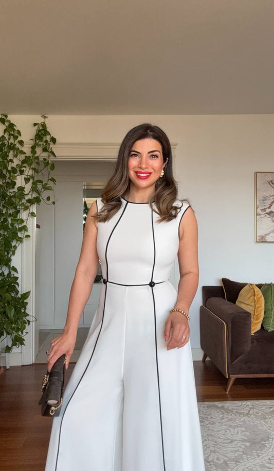 SLEEVELESS JUMPSUIT WITH CONTRAST STITCHING – WHİTE