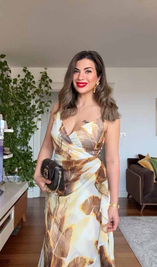 SPAGHETTI STRAP ASYMMETRICAL CUT DRESS – BEIGE