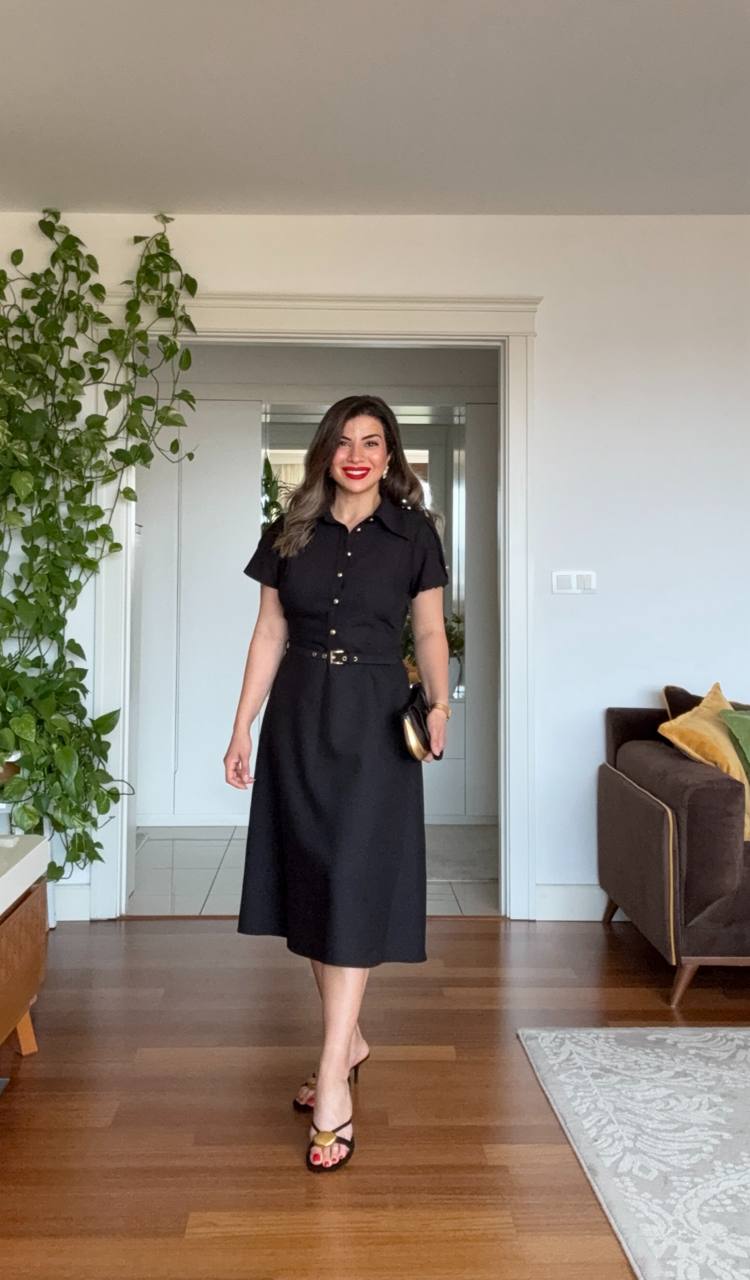 BELTED BUTTON-DOWN DRESS - BLACK