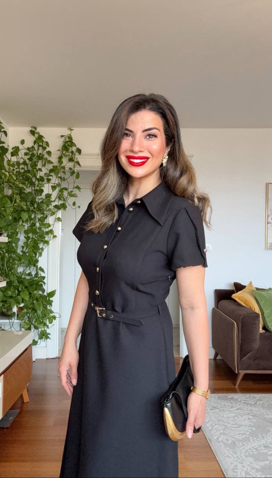BELTED BUTTON-DOWN DRESS - BLACK