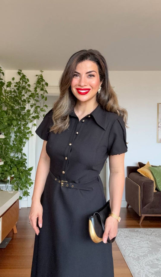 BELTED BUTTON-DOWN DRESS - BLACK