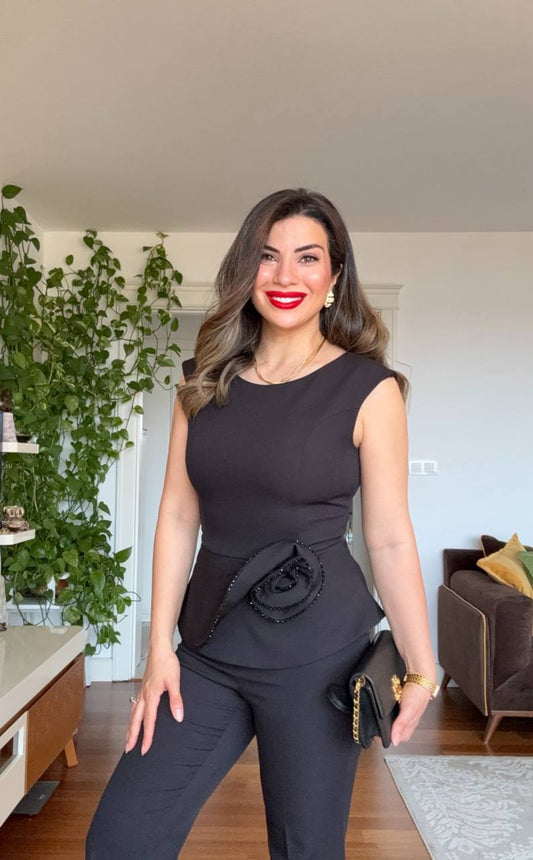 PEPLUM FLOWER DETAIL SUIT – BLACK