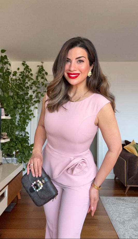 PEPLUM FLOWER DETAIL SUIT – POWDER