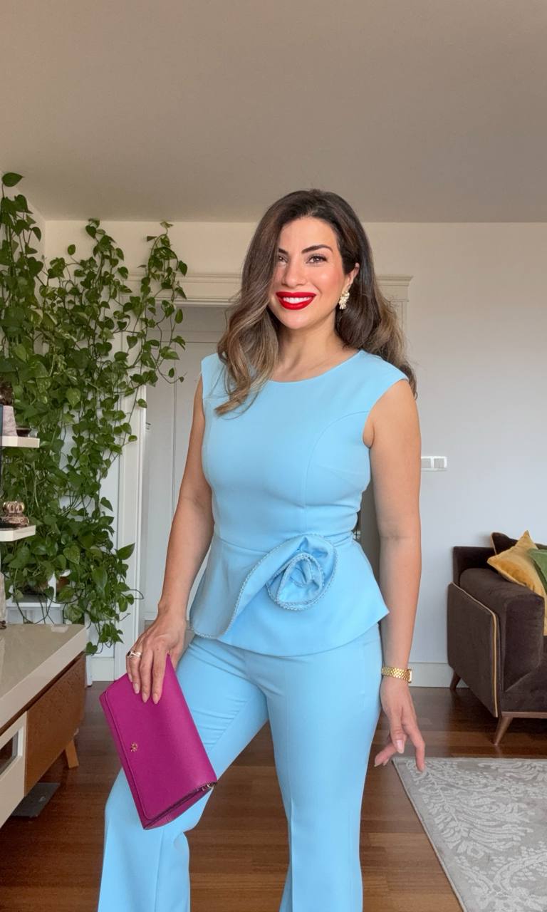 PEPLUM FLOWER DETAIL SUIT – BABY BLUE