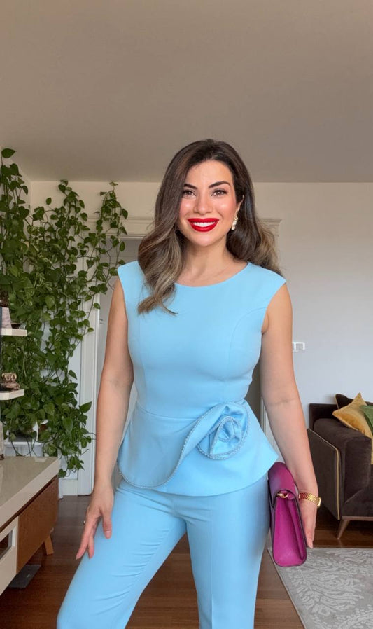 PEPLUM FLOWER DETAIL SUIT – BABY BLUE