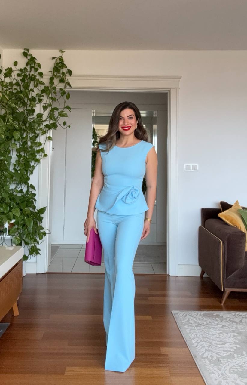 PEPLUM FLOWER DETAIL SUIT – BABY BLUE