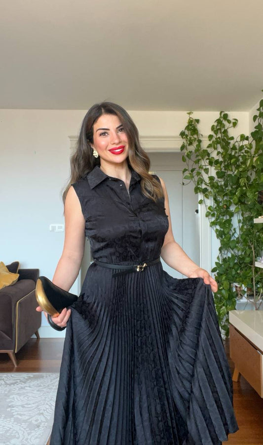 PLEATED SHIRT DRESS – BLACK