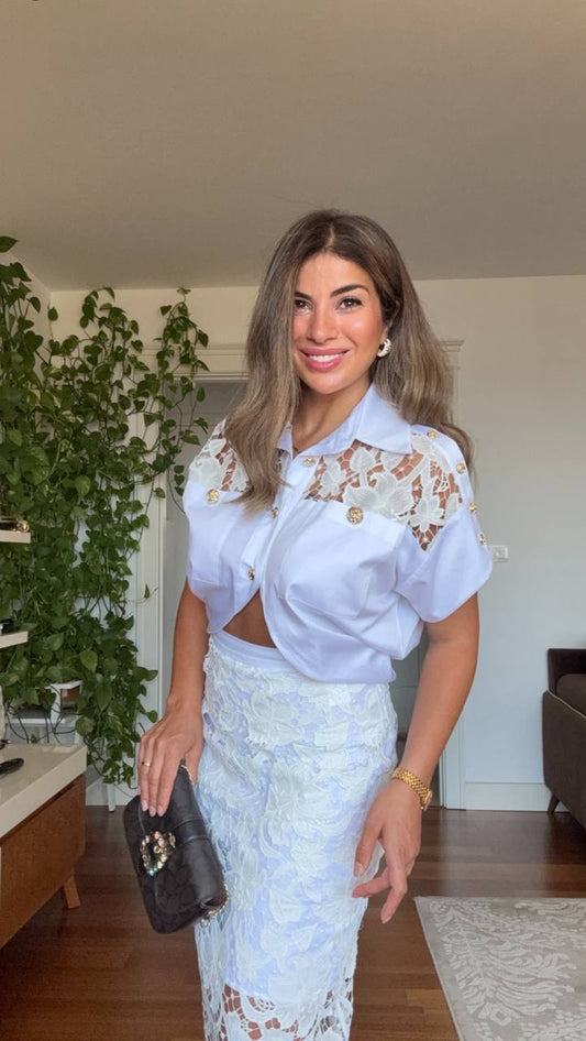 LACE DETAILED SHIRT AND PENCIL SKIRT SET – WHITE