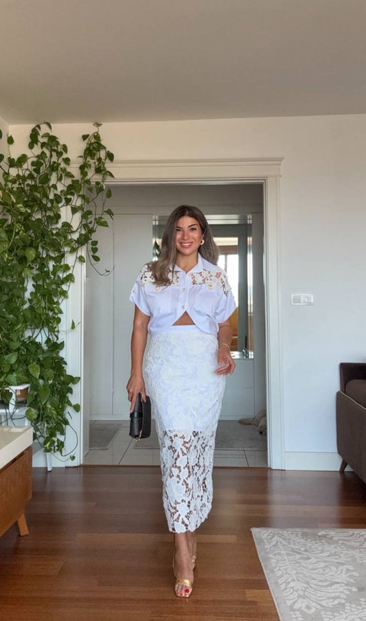 LACE DETAILED SHIRT AND PENCIL SKIRT SET – WHITE