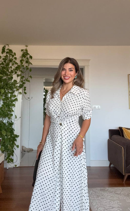 BLACK POLKA DOT BUTTON-DOWN MIDI DRESS