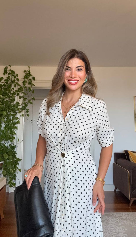 BLACK POLKA DOT BUTTON-DOWN MIDI DRESS
