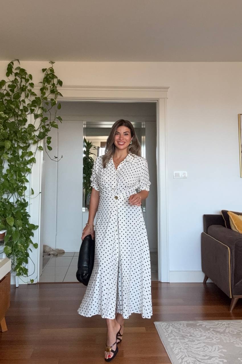 BLACK POLKA DOT BUTTON-DOWN MIDI DRESS